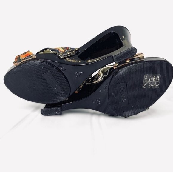 BROWNS BRAVO FLORAL WOODEN WEDGE  SUMMER MULTICOLOURED GOLD STUDS SANDALS - Picture 13 of 16